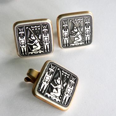 Egyptian Revival Pressed Glass Cufflinks and Tie Bar 