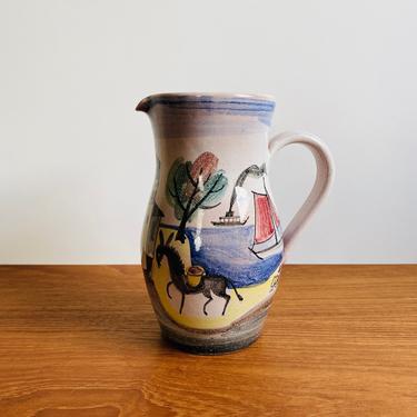 Midcentury Heinrich Meister ceramic pitcher / Swiss art pottery vase with city scene 