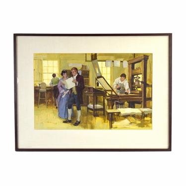 1950’s Painting Illustration Art Interior Colonial American Printers Shop signed 