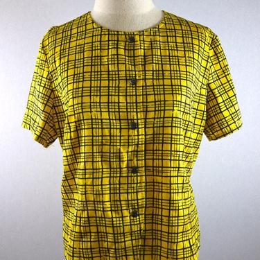 Yellow Taxi Plaid Grid Button-Down Blouse 