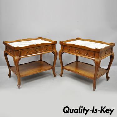 Pair French Provincial Louis XV Style Marble Top Shell Carved End Tables Danby