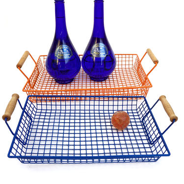 MCM Industrial Orange &amp; Blue Metal Mesh Nesting Trays | Wood Handles | Color Pop Basket Tray Catchalls 