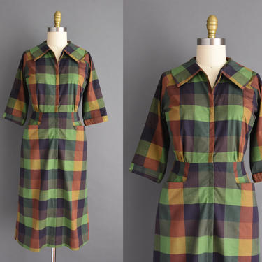 vintage 1950s dress - Size Small Medium - Brown and green plaid print 3/4 sleeve cotton Fall day dress - 50s dress 