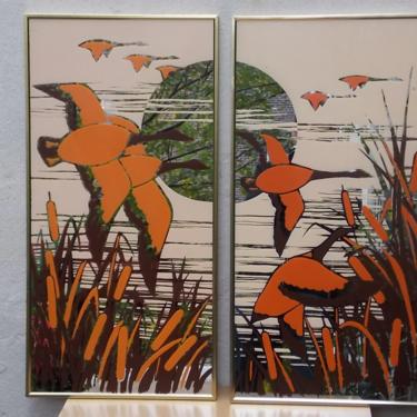 Pair Graphic Design Wall Mirrors in Orange & Brown, with Geese, by Turner Wall Accessories 