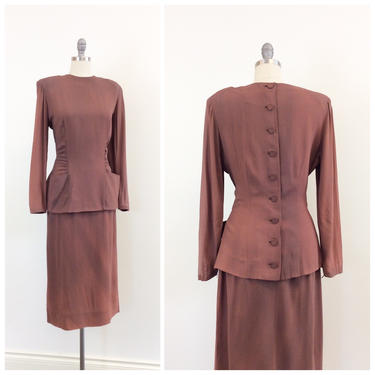 40s Desert Taupe Rayon Crepe Blouse Skirt Set / 1940s Vintage Day Dress / Medium / Size 8 