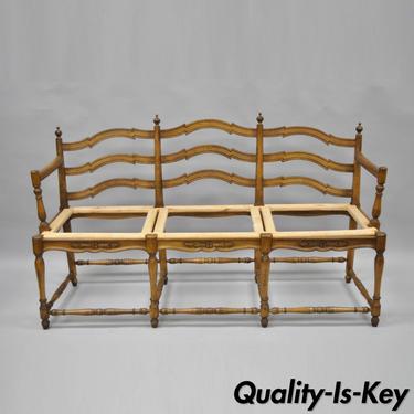 Vintage French Country 3 Seat Carved Wood Distressed Bench Settee Love Seat