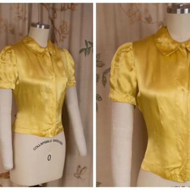 1940s Blouse - Gleam Sunshine Yellow Satin 50s Short Sleeve Blouse with  Hidden Snaps 