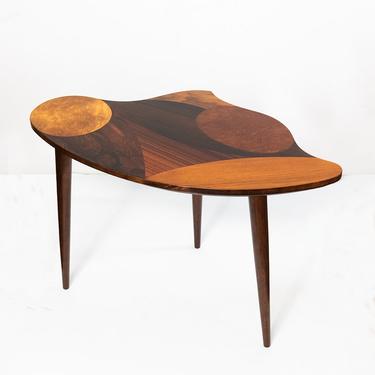 Swedish mid-century marquetry  3-legged occasional table.