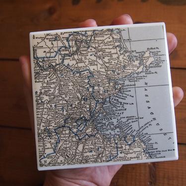 1931 Boston Massachusetts Vintage Map Coaster - Ceramic Tile Coaster - Repurposed 1930s Hammond's Atlas - Handmade - Boston Bay Cambridge 