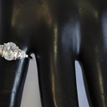 Bling 80's sterling cubic zirconia size 5.75 engagement ring, elegant oval & trillion CZ 925 silver sweetheart statement 