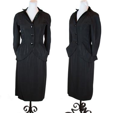 1950s Suit ~ Black Faille Hourglass Velvet Trim Large Pocket Ladies Suit 