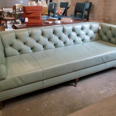 SEAFOAM GREEN LEATHER TUFTED SOFA ON CASTERS BY COUNCIL FURNITURE