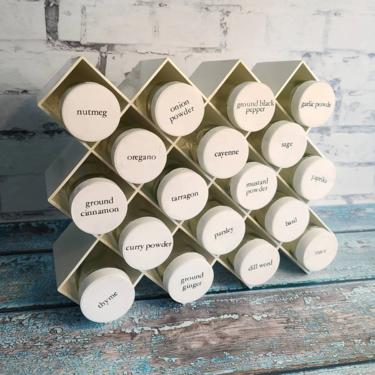 Vintage 1960s Copco Honeycomb Spice Rack COMPLETE With All Jars! - Danish Design - Lubge Randel - Glass Spice Jars With Labels 