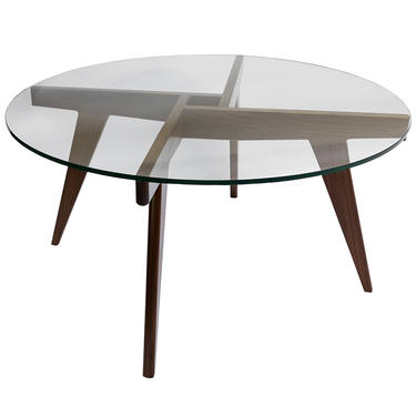 Custom Walnut Mid-Century Style Coffee Table with Glass Top