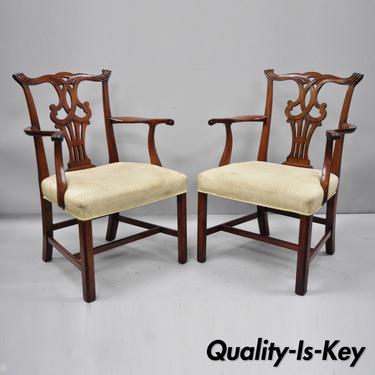 Pair Vintage Solid Mahogany Chippendale Style Dining Chairs Armchairs Attr Baker