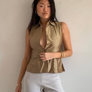 90s silk dupioni blouse / vintage bronze gold silk dupioni sleeveless blouse | XS size 2 