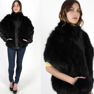 Womens Plush Fox Fur Coat / Black Leather Trench Coat / Arctic Bomber With Removable Sleeves / Vintage 80s Snap Off Convertible Sleeve 
