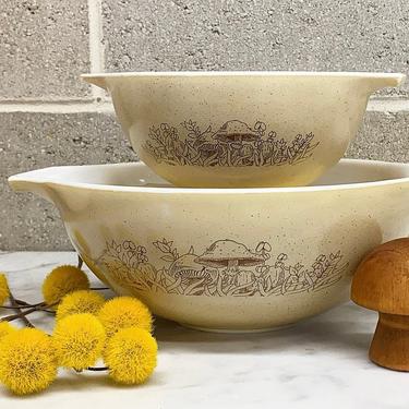 Vintage Pyrex Bowls Retro 1980s Forest Fancies + Mushrooms + Cinderella or Nesting #442 and #444 + Brown + White + Ceramic + Kitchen Decor 
