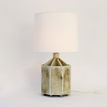 Roger Capron French Ceramic Table Lamp Octagon Shape Incised Decoration 