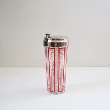 Vintage Glass Cocktail Shaker with Red and White with Classic Drink Recipe Graphics, Retro Barware 