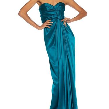 1980S Yves Saint Laurent Teal Haute Couture Silk Satin Draped Strpless Gown 