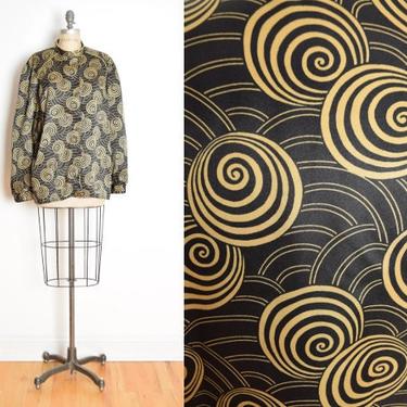 vintage 80s blouse black satin gold swirl print secretary top shirt XL XXL clothing 