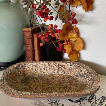 Unique blue orange white textured hand carved wood bowl, Indie boho carved bowl, shabby chic decorative bowl 
