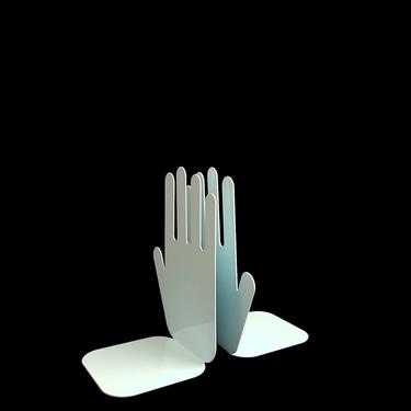 Vintage Modern Enameled Metal HAND Hands Book Ends Desk Organizer Light Powder Blue Enamel Whimsical Modern Design 