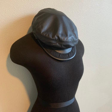 Vintage Black Leather Greek Fishermans Cap Motorcycle Hat 