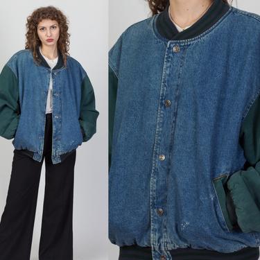 90s Denim Varsity Baseball Jacket - Men's Large | Vintage Green Snap Up Coat 