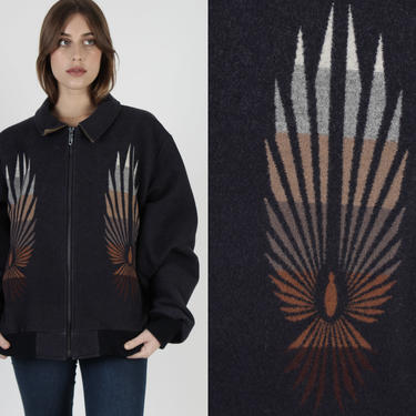 Southwestern Pendleton Phoenix Coat / Vintage Cowboy Blanket Jacket / Native American Navy Wool Bird Print / Mens Womens Bomber Coat XL 
