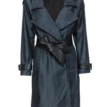 All Saints - Dark Wash Chambray Double Breasted Trench Coat w/ Leather Trim Sz 2