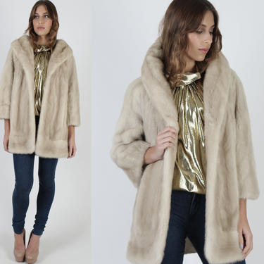 Vintage 60s Blonde Mink Coat / Large Fur Collar Real Platinum Mink Fur / 1960s Ivory Lined Open Opera Swing Winter Jacket 