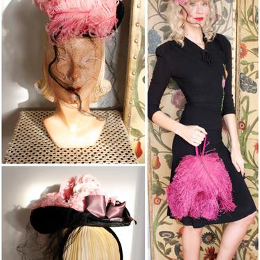 1930s Tilt Hat // New York Creations Pink Ostrich Feather Tilt Hat // vintage 30s hat 