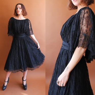 Vintage 50s Black Lace Flutter Sleeve Cocktail Dress/ 1950s Cape Style Full Skirt/ Lavicka/ Size Small Medium 28 