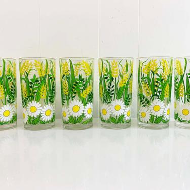 Vintage H.J. Stotter Inc. Plastic Drinking Glasses Daisy Flower Glass Set of Six (6) Yellow White Green Floral Pattern NY USA Picnic Juice 