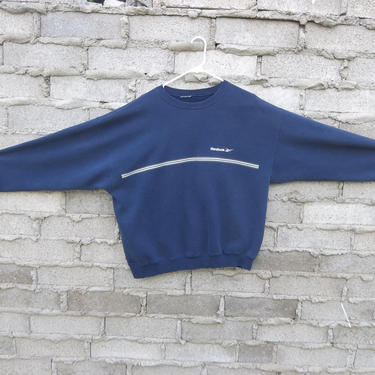 Vintage Sweatshirt Reebok Stripe Faded Blue 1990s 80s Medium Distressed Preppy Grunge Street Clothing Beach Camping Athletic Sports pullover 