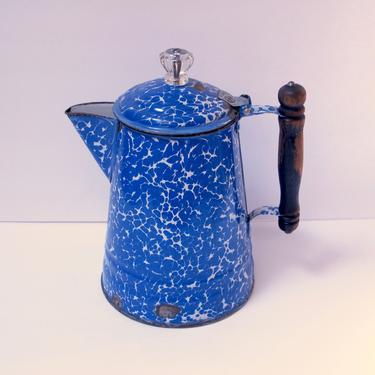 Blue Graniteware Pitcher Blue White Enamelware Kettle Blue Enamel Coffeepot Graniteware Vase Farmhouse French Country Cottage Chic 