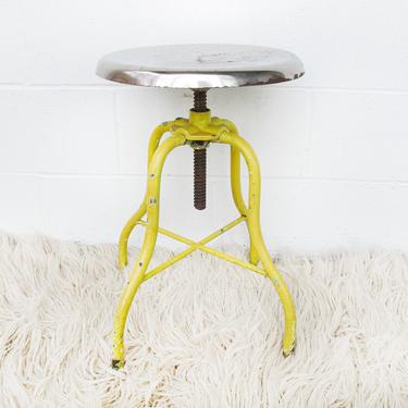 Vintage Industrial Distressed Rustic Yellow and Chrome Metal Stool 