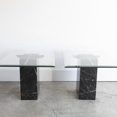 Pair of 70s Vintage Artedi Beveled Glass and Black Marble End Tables, Silver Arms, Made in Italy 