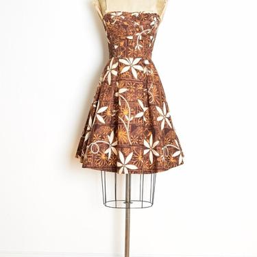 vintage 50s dress Alfred Shaheen brown Hawaiian floral print full tiki XS XXS strapless clothing aloha 