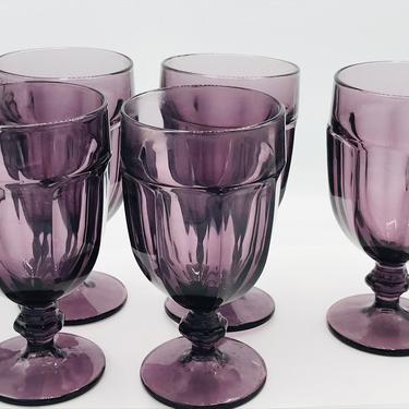 Vintage Set of (5) Purple Libbey &amp;quot;Duratuff USA Gibraltar&amp;quot;  stem &amp;quot; Water Goblets Ice Tea Glasses-Large Size 