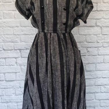 Vintage Handmade Double Breasted Dress // Grey Stripes with Pockets and Batwing Sleeves 