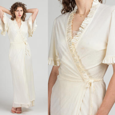 70s Flutter Sleeve Dressing Gown - Medium | Vintage Off-White Terrycloth Ruffle Trim Robe 