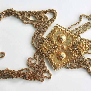 Vintage Etruscan Revival Multi Chain Tassel Necklace 