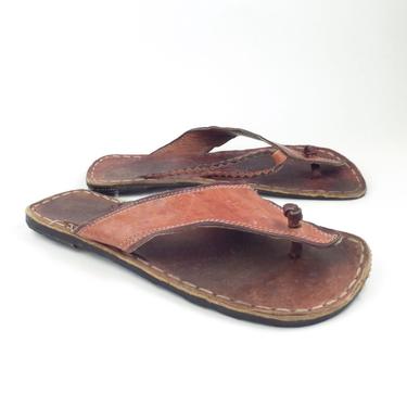 Vintage 1970s Leather Huarache Sandals With Tire Soles Flip Flops 