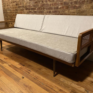 Mid century modern minimalist danish daybed sofa couch bed wood frame new upholstery light gray knoll velvet fabric cane arms 