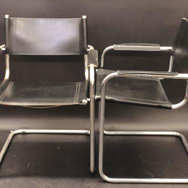 Arper Italian Black Leather Chrome Tubular Director Chair Set of 4 | Vintage Mid-Century
