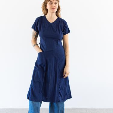 Vintage Navy Blue Short Sleeve Wrap Around Dress Smock | Overdye True Blue Robe | S | 