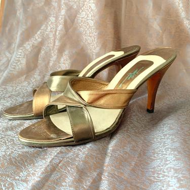 Vintage High Heels, Metallic Mules, Open Toe Leather Shoes, Gold-Bronze-Copper, Sexy Sandals, 70s 80s Disco 